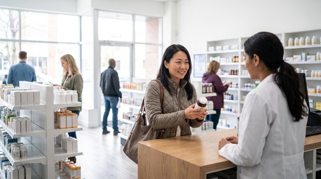 Customer consults with pharmacist at checkout counter holding a bottle of medication in a modern pharmacy