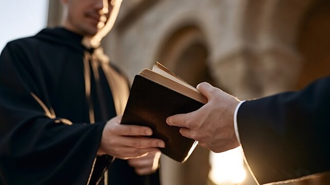 Man in a black cassock receiving an old holy bible from another person, symbolizing spiritual guidance, education, and the passing of religious tradition and faith