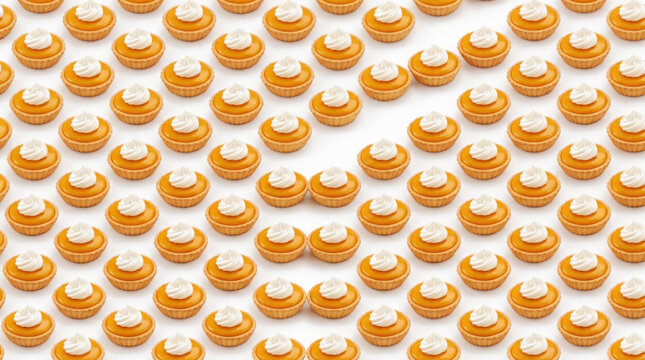 Large pattern of small pumpkin pies topped with whipped cream arranged in neat generated using ai