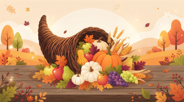 Autumn cornucopia illustration overflowing with pumpkins, corn, grapes, and apples on wooden table with fall foliage background thanksgiving