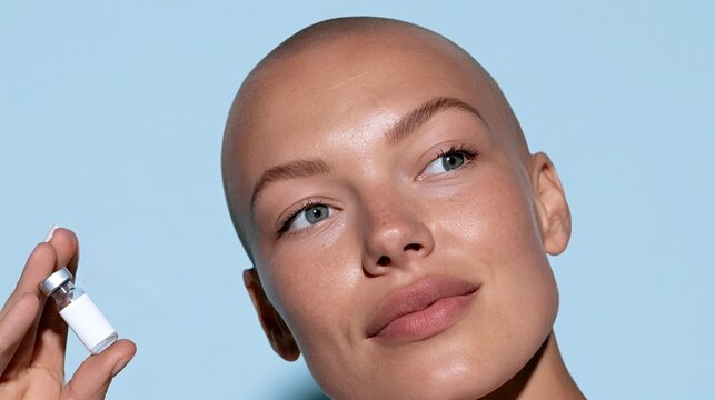 Bald woman holding a small glass vial with an unlabelled serum, representing concepts of skin care, beauty, health, medical treatment, and alopecia solutions