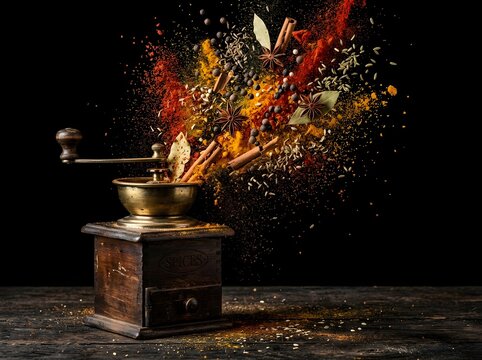 Vintage spice grinder with an explosion of colorful spices