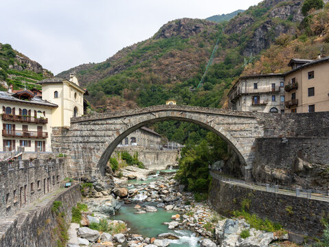 PONT SAINT MARTIN, ITALY Ancient Roman bridge across Lys river in the historic village