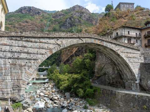 PONT SAINT MARTIN, ITALY Ancient Roman bridge across Lys river in the historic village