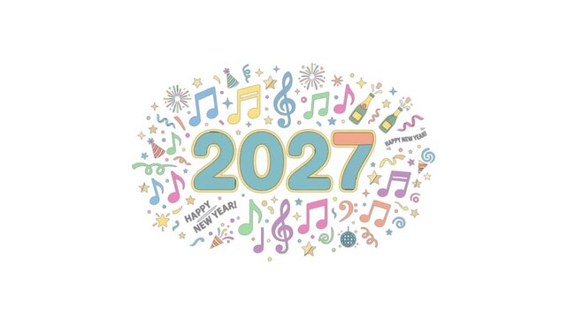 Bright 2027 new year celebration animation featuring colorful musical notes and festive party confetti elements popping up in a smooth motion graphic design video loop file