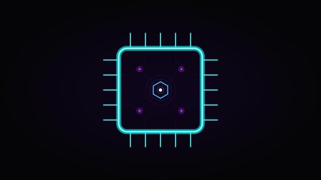 Neon digital cpu processor animation: futuristic technology circuit board hud interface