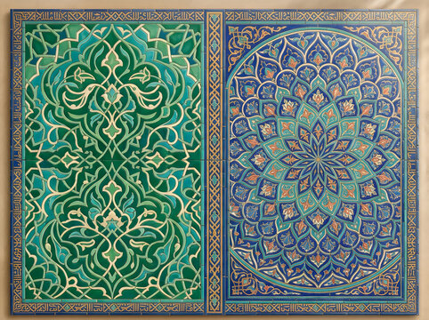 Decorative islamic pattern with green and grey geometric art