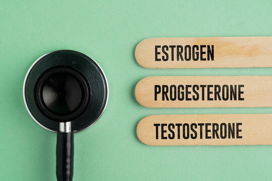 Stethoscope and stick with the words estrogen progesterone and testosterone. reproductive hormones that play significant roles in sexual development and reproductive