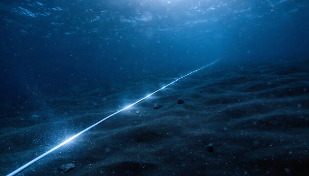 Submarine fiber optic cable lying on the dark ocean floor for global internet connection