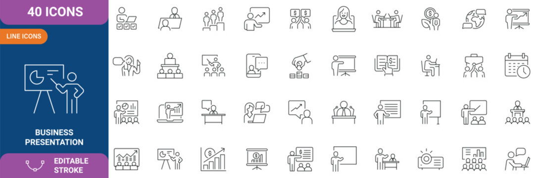 Business presentation icon set. Containing seminar, presentation, meeting, whiteboard, conference, business plan and etc. Outline Icon Collection. Editable stroke. Vector illustration