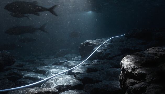 Underwater view of a glowing fiber optic cable resting on a dark rocky riverbed with fish