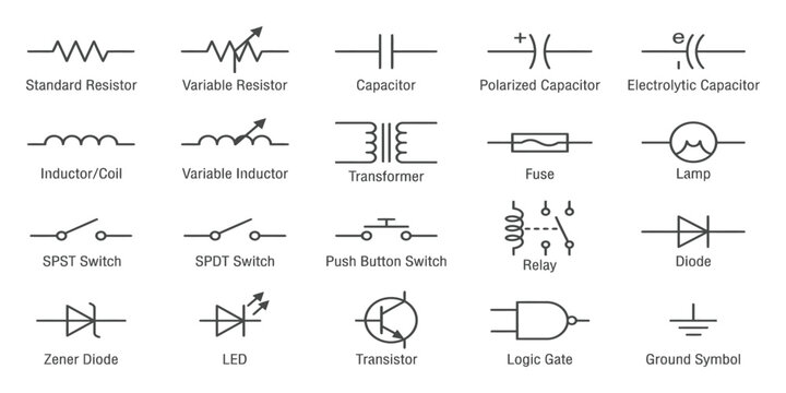 Electrical component symbols vector pack shows resistor, capacitor, transistor, diode, batterie, switch for circuit diagram designs, engineering visuals, electronics education, technical illustration 