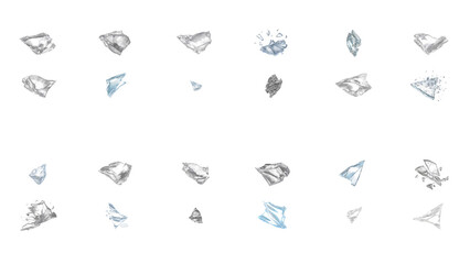 Fototapeta premium Set of broken glass shards and sharp crystal fragments isolated on transparent background