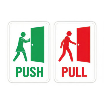 Push and pull door instruction signs with human figures