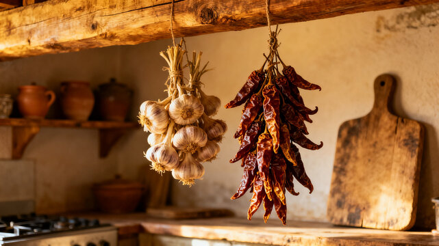 Dried chili peppers and garlic hanging in a rustic kitchen