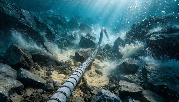 Submarine fiber optic cable lying on the rocky ocean floor underwater