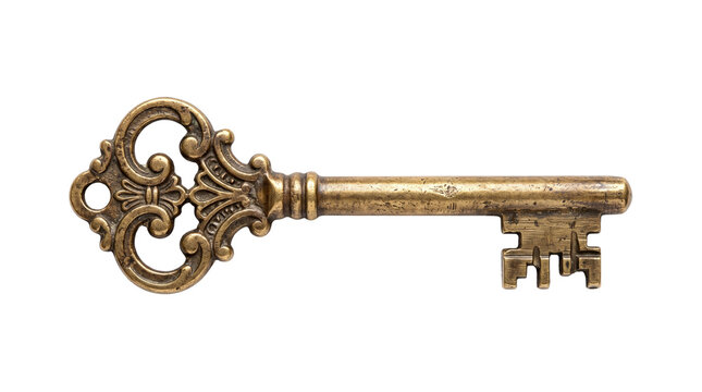 Ornate antique bronze key showcasing intricate decorative filigree patterns against a simple clean white studio background