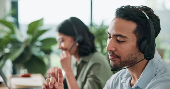 Call center, advice and talking with business man in office for sales consultant, coworking and help desk. Feedback, contact us and b2b team with employees in telecom agency for customer service