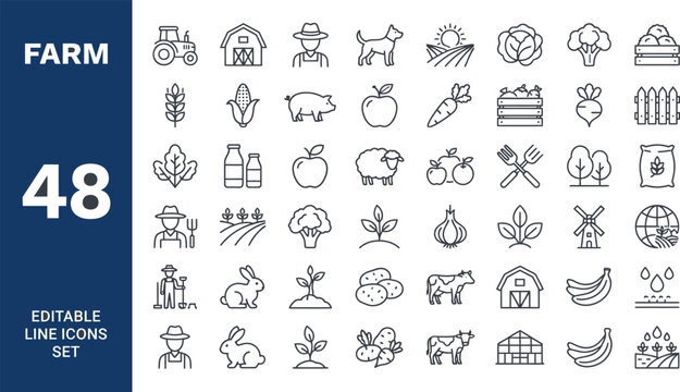 Farm line icons set featuring agriculture tractor animals crops and harvest sketch style vector graphics editable file hand drawn