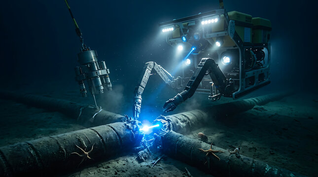 Underwater ROV robot performing deep sea pipeline repair and maintenance in dark ocean.