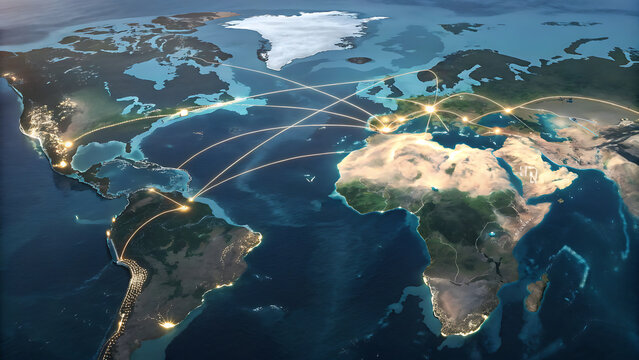 Global network connectivity map with glowing data transmission lines across continents