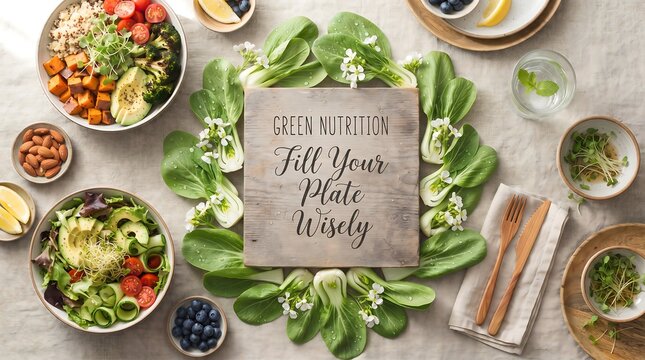 Healthy green nutrition concept with fresh organic vegetables and fruits arranged in circle around wooden sign saying fill your plate wisely.