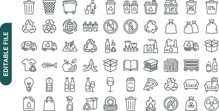 Set of recycling and environmental outline icons featuring waste management and eco friendly symbols garbage bin line art green energy