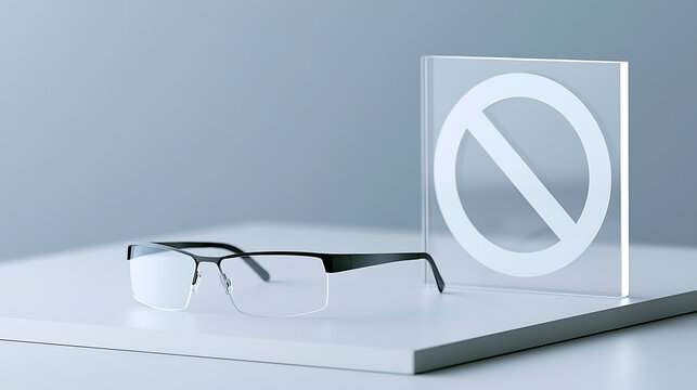 Modern eyeglasses sit next to a clear glass block featuring a prohibitory symbol on a clean white surface with a soft blue gray background