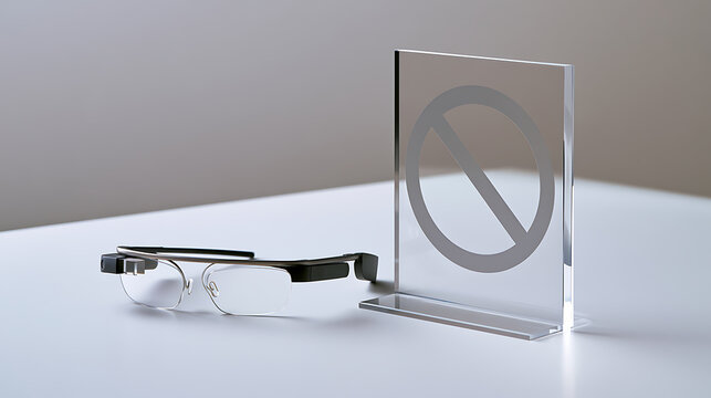 Smart glasses placed next to a clear sign with a prohibition symbol on a white surface, representing technology ban in public space