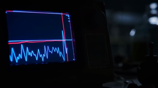 Oscilloscope display shows shifting electronic waveform traces on dark laboratory equipment, with glowing blue and red signals moving across screen and measurement patterns visible in low light
