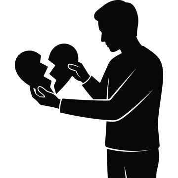 silhouette black and white holding two halves of a broken heart together vector