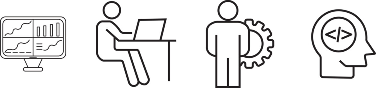 Set of software development, coding. Programming, web development, and analytics outline icon collection.  Coding and data analysis minimalist icon set