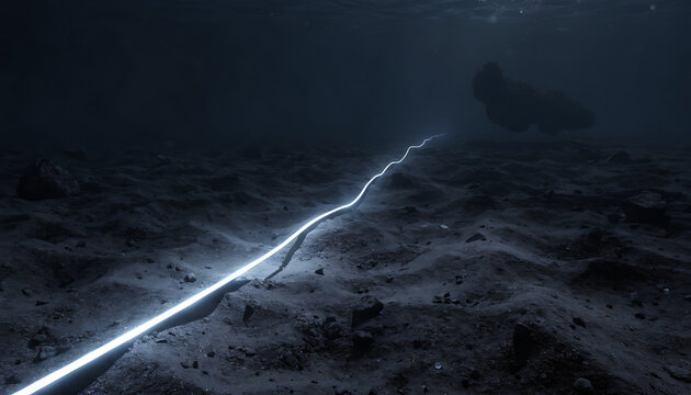 Glowing fiber optic cable lying on the dark sandy ocean floor in deep sea