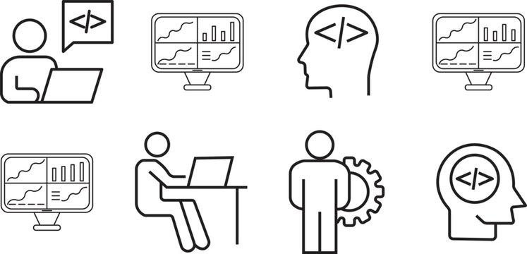 Set of software development, coding. Programming, web development, and analytics outline icon collection.  Coding and data analysis minimalist icon set