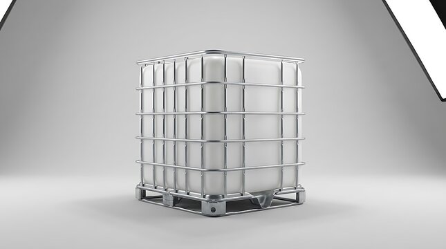 Industrial plastic water tank container with a metal cage frame sitting on a sturdy wooden pallet base. ibc container