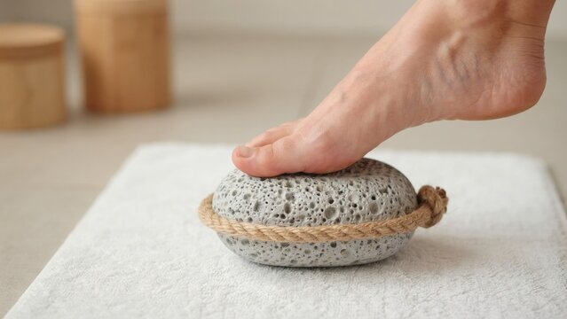 Bare foot resting on a grey porous pumice stone with rope handle