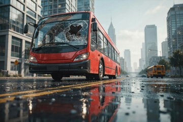 Obraz premium Red city bus with shattered windshield on a wet urban street