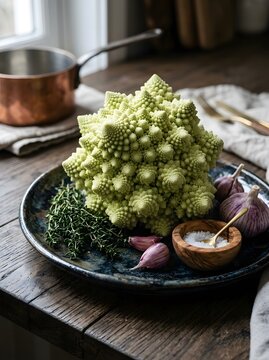 Fresh romanesco cauliflower with garlic and thyme on rustic plate