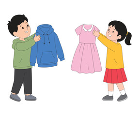 Obraz premium Cute Children Donating and Sharing Clothes with Each Other, Boy and Girl Giving Clothes for Charity and Helping Others, Kindness, Donation and Community Support Concept Vector Illustration.