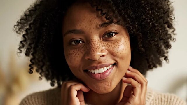Smiling african woman with freckles expressing happiness and self confidence