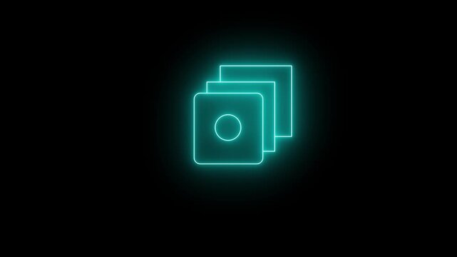 Glowing neon cyan icon of stacked rounded square window tiles, with a central circular focal symbol on the frontmost tile, against a black background. 