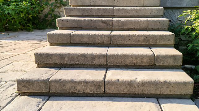 Stone steps made from concrete pavers leading up outdoors in a garden setting with green plants and bright sunlight during the day time