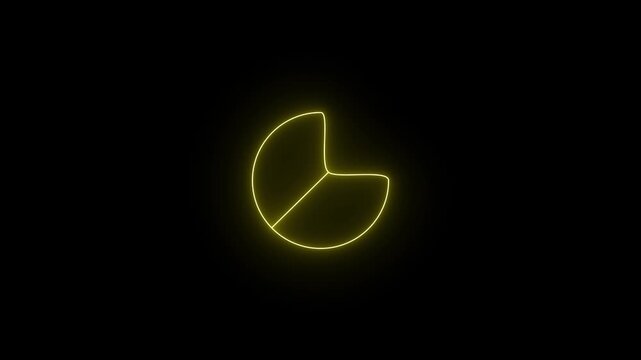 Glowing neon yellow icon of a circular pie chart divided into three distinct segmented sections against a black background. Animated pie chart diagram, data breakdown graph, business analytics share.