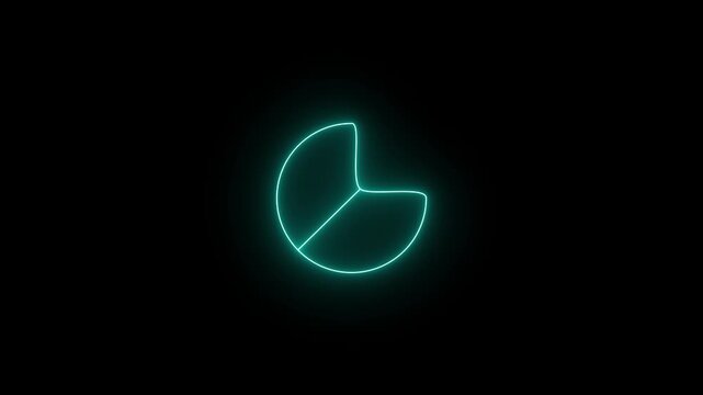 Glowing neon cyan icon of a circular pie chart divided into three distinct segmented sections against a black background. Animated pie chart diagram, data breakdown graph, business analytics share.