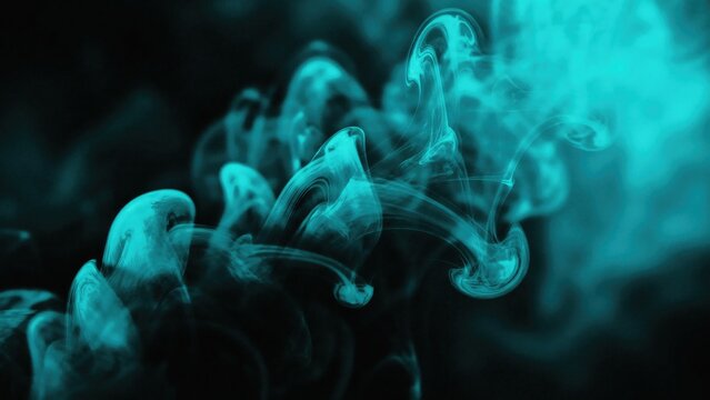 Cyan ink clouds swirling and dissolving in dark liquid