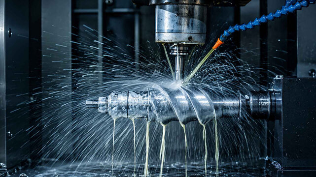 Industrial CNC machining of metal components with coolant spray in manufacturing factory