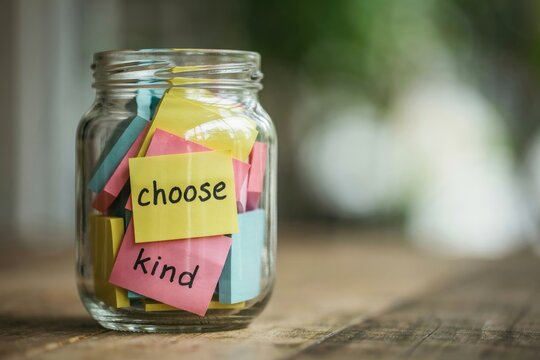 Glass jar filled with colorful sticky notes bearing the words choose kind