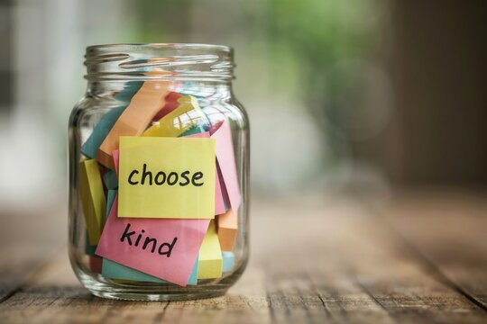 Glass jar filled with colorful sticky notes featuring choose kind message