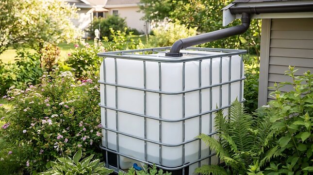 Large plastic water tank for rain collection standing in a lush green backyard garden during the day. ibc container