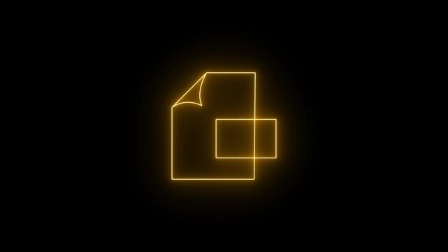 Glowing neon yellow icon of a document file with a curled top-left page corner and a rectangular tab badge overlaying the lower-right edge against a black background. 